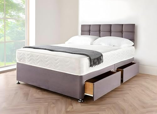 DECORE4U LTD Peaceful Grey Linen Divan Single Bed with Mattress – Elegant 10 Spring Memory Foam | Bed Frame with Stylish 20 Cube Headboard & Spacious 2 Storage Drawers | 3FT Single