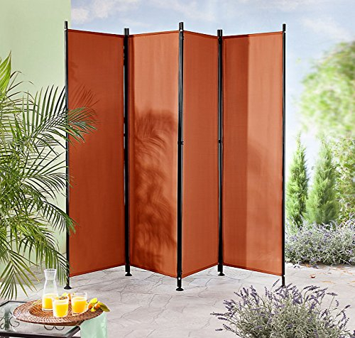 IMC Paravent 4-teilig terrakotta Raumteiler Trennwand Sichtschutz, faltbar/flexibel verstellbar, wetterfester Polyester-Stoff, Schwarze Metallstangen