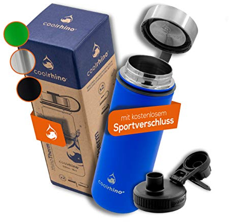 coolrhino Edelstahl Trinkflasche 500ml / 1l Auslaufsicher, Kohlensäure geeignet, BPA frei - Isolierflasche für Sport, Outdoor & Kinder - Thermosflasche doppelwandig inkl. Sport-Deckel - Sport-Flasche
