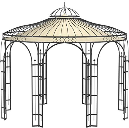 ELEO Pavillon Florenz schwarz mit Sonnensegel - rund 4x4 m Rankpavillon für den Garten handgeschmiedet Schmiedeeisen romantisch - Rosenpavillon Metall stabil pulverbeschichtet - mit Sonnenschutz Dach