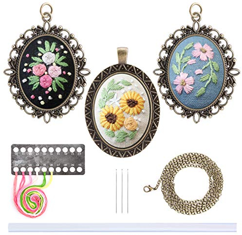 MWOOT 3 Pack Anhänger Stickerei Starter Kit mit Muster,DIY Handarbeit Halskette Anhänger Ohrringe Embroidery Starter Kit Cross Stitch Craft für Schmuck Sticken,Stil A