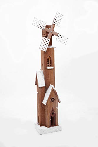 Spetebo Holz Windmühle mit drehendem Windrad - 80 cm - Weihnachts Deko mit LED Beleuchtung - Weihnachts Winter Deko Holz Aufsteller