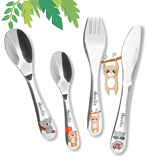 Koru Kids® Wildlife - Cubiertos para niños con grabado de nombre - de acero inoxidable - regalos personalizados para bebés niñas niños - aptos para lavavajillas - a partir de 3 años