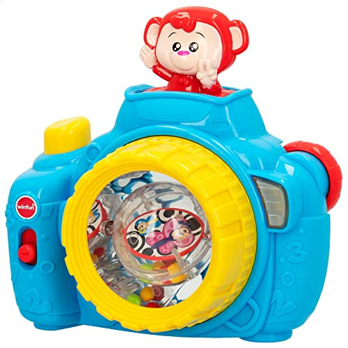 WinFun, Camara musical mono +9m, Cámara de fotos infantil, Cámara de juguete, Juguete musical, Cámara de fotos con música y luces, mono saltarín, con 2 pilas AAA (no incluidas), Winfun, +9 meses