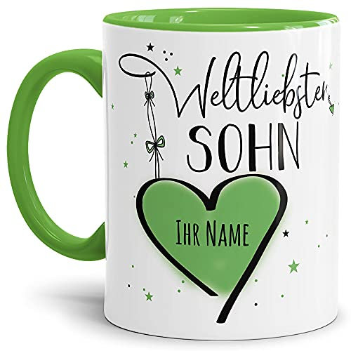 Keramik Tasse - Weltliebster Sohn - zum selbst gestalten mit Name - Geschenk für den besten Sohn - Innen & Henkel Hellgrün, 300 ml