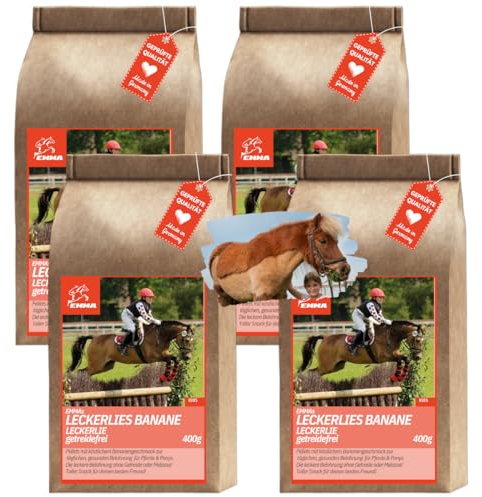 Pferdeleckerlis Banana Snack I Bananen Geschmack - naturbelassene Pferde Leckerlies + Pferde Leckerlies getreidefrei I Zusatz Pferdefutter I Leckerli Pferd Pony Belohnung 4x400Gr