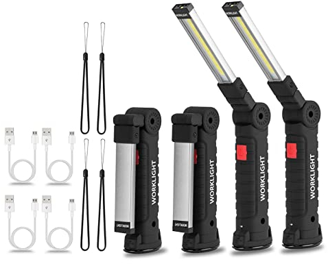 Vagocom LED Battery Powered Rechargeable Flashlight, Super Bright Torch COB Work Light Portable Inspection Lamps Tools with Magnetic Base for Gifts,Workshop,Camping and Emergency(4 Pack)