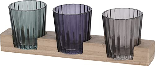 MIJOMA 4-teiliges Teelichthalter-Set mit Holz-Tablett, Charmante Riffelglas-Kerzenhalter, Stilvolle Tischdekoration und Windlicht für Innen, Modernes Wohndesign & Wohnaccessoire (Grün-Violett-Grau)