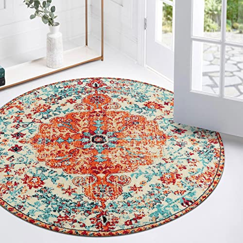Lahome Floraler runder Boho-Medaillon-Teppich, 0,9 m, orientalisch, Used-Look, runder Vorleger, Vintage, waschbar, Eingang, Foyer, rutschfest, fusselfrei, niedriger Flor, Bad, Sofa, Orange/Mehrfarbig