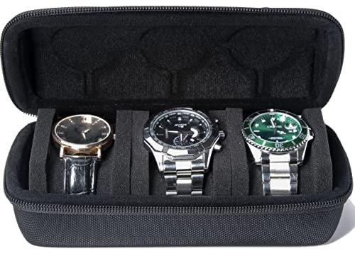 AUKURA Hartschalen-Reise-Etui mit 3 Schlitzen, Uhrenrolle, Aufbewahrung und Organizer für Damen und Herren, mit Anti-Bewegungs-Uhrenkissen (schwarzer Stoff, 3 Fächer)