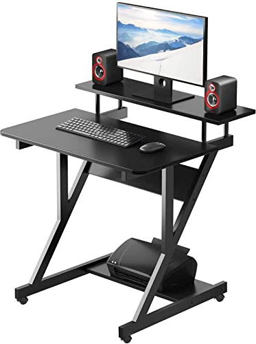 Dripex Computertisch mit Rollen Z-förmiger Schreibtisch, Mobiler Laptoptisch mit Regalen für kleine Räume, Home Office 70x60x73CM Schwarz