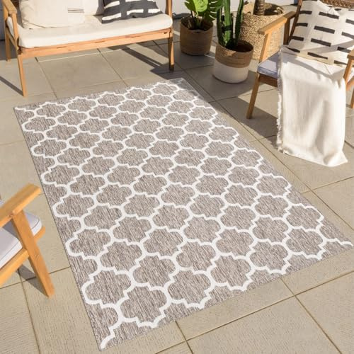 carpet city Teppich Outdoor Wetterfest - Beige - 200x200 cm Quadratisch - Marokkanisch - Balkon Teppich Wasserabweisend - In-& Outdoor Teppiche für Terrasse, Garten, Küche, Bad oder Wohnzimmer