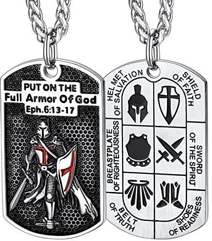 FaithHeart Knights Templar Necklace Mens Stainless Steel Dog Tag Pendant Armor of God Jewellery Protective Gifts for Birthday Baptism