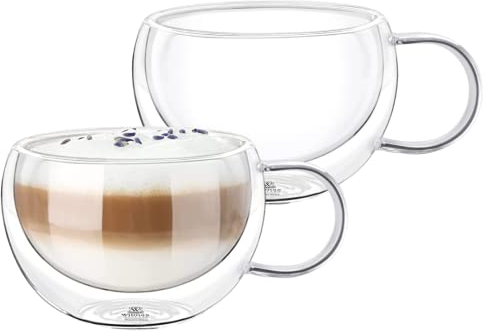 Wilmax - Verres thermiques avec anse - Lot de 2-400 ml - Verres à café à double paroi - Lot de verres à latte macchiato - Verres à cappuccino avec anse - Verres à thé - Verres à boire - Tasse thermo