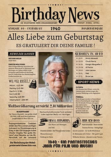 PRINTALA Geburtstagszeitung - personalisiert mit Deinem Text & Foto | Jahrgang nach Wahl | Posterdruck (1940)