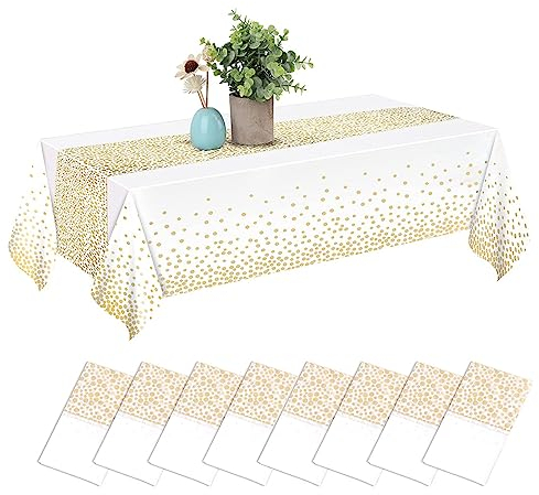 CHEPULA Einweg Tischdecke, [8 Stück] Wasserdicht Geburtstag Tischdecken, Rechteckig Tischtuch Geeignet für Party, Kindergeburtstag, Hochzeit, Weihnachten, 137 x 274 cm, Weiß & Gold