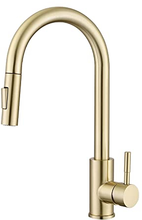 Assiniboine Brushed Gold Kitchen Sink Tap with Pull-Down Sprayer, Monobloc Gold Single Handle Kitchen Mexer Tap with Sprayer