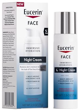 Eucerin Face Immersive Hydration Night Cream with Hyaluronic Acid and Provitamin B5, Ultra-Lightweight Face Moisturizer Smooths Fines Lines and Wrinkles, 2.5 Oz Bottle