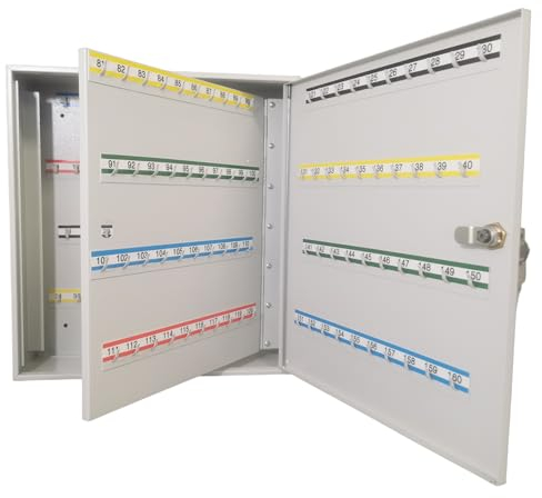 LEOMAR Schlüsselschrank, Schlüsselkasten mit 160 Haken, Schlüsselbox aus Stahlblech, mit Festen Hakenleisten, Organizer zur Wandbefestigung, Abschließbar, mit Montagematerial, 12 x 39 x 42 cm