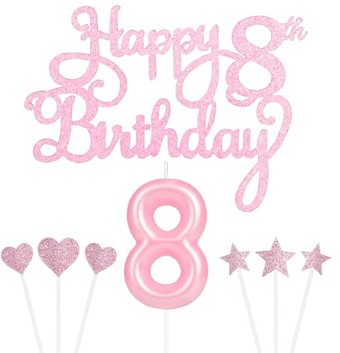 Personalised Pink 8th Birthday Cake Topper with Number 8 Birthday Candles, Star Heart Cupcake Toppers - Cake Decorations Set for Him or Her - Set of 8
