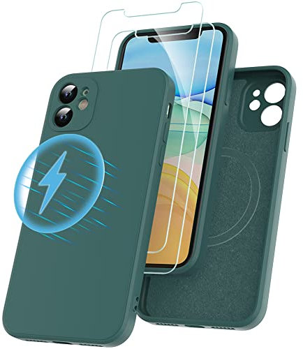 Losvick Funda para iPhone 11, Funda Magnética Silicona Compatible con Magsafe y Cargador Inalámbrico, Carcasa con 2 Protector de Pantalla de Protección Suave Antigolpes -6.1 - Verde Oscuro