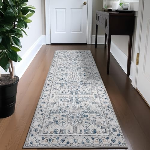 TOPICK Läufer 60x150cm Blau Teppich Vintage Faltbar Dünner Waschbar Blumendruck Teppich Rutschfester Leichter Küche Badezimmer Eingangsmatte