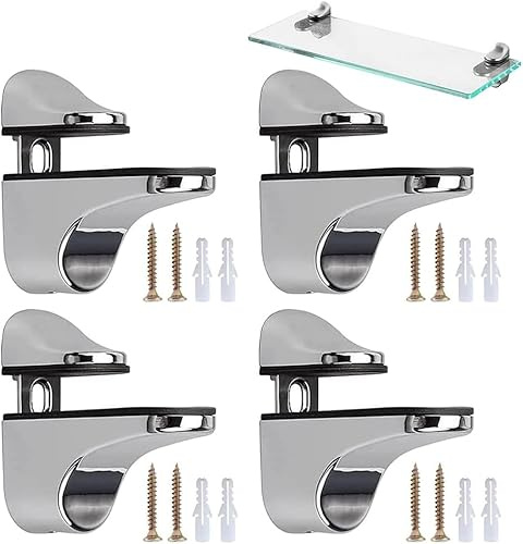 Serenelight 4 Pezzi Morsetto di Vetro, Clip di Supporto Vetro Regolabili,Staffe per Ripiani in Vetro, Reggimensola Regolabile, con Accessori, per Pannelli in Vetro e Legno con Spessore di 3-22 mm