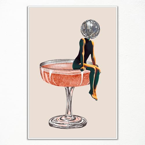 ogyormpi Flippiges Discokugel-Poster, Retro-Kopf, mädchenhafte Wandkunst, Leinwand, Vintage-Kunstdruck, trendige Champagner-Kunst, luxuriöses Spiegelballbild für Mädchen, Wohnheim, 61 x 91,4 cm