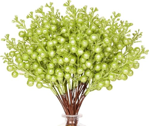 HOHOTIME 36 steli di bacche di Natale glitterate, verde avocado chiaro, 24 cm, decorazioni per albero di Natale, ornamenti fai da te, vasi, vacanze, matrimoni, casa, decorazioni natalizie