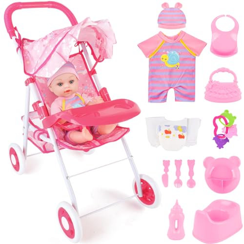 deAO Carrito Bebe Juguetes con 12 Inches Muñecas y Accesorio de Alimentación para Muñecas, Accesorios Bebe con Biberones, Pañales, Orinal, Juego de rol para Niños
