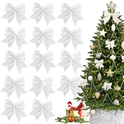 KASURE 14 Stück 12x15cm Weihnachtsschleifen Weiß Schleifen Weihnachten Glitzer Schleifen Weihnachtsbaum Weihnachtsbaumschmuck Deko für Zuhause Festival Party Baumkranz Dekorationen