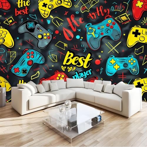 Fototapete Gamer Cartoon Controller Farbe 350x256 cm 3D Vliestapete Wandbild, Mustertapete Moderne Wandtapete, Wohnzimmer Schlafzimmer Kinderzimmer Büro Flur Wanddeko