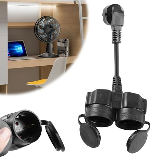 Verlängerungskabel mit 2 Schuko Steckdosen, Mehrfachsteckdose Außen, 2 in 1 Steckdosenadapter, 16 A / 250 V Doppelstecker für Steckdose für Haus, Büro, Küche (Schwarz)