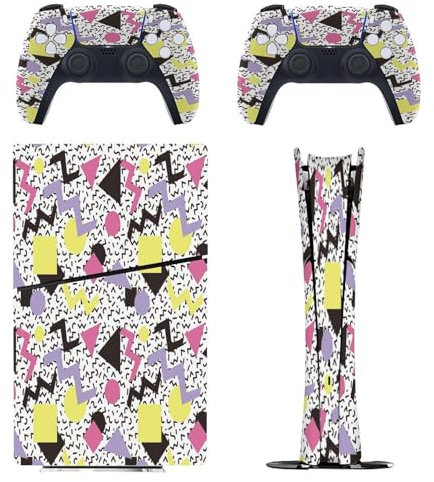 Retro Memphi Style 80er Jahre kompatibel mit PS5 Slim Konsole Skin und Controller Digital Edition Skins Set, präzise Passform und einfache Installation