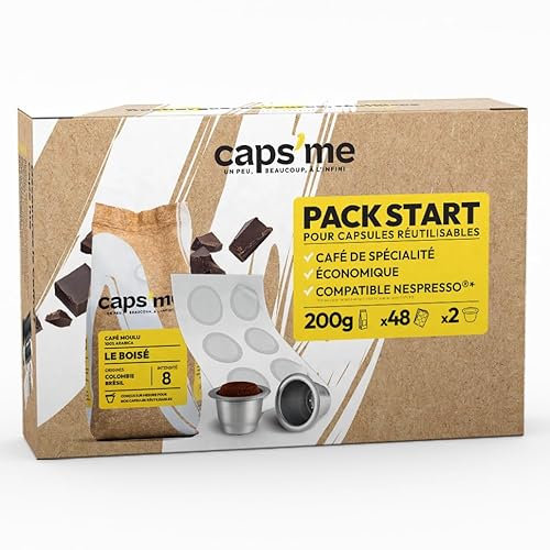 CAPS ME - Pack Recharge Capsules Réutilisables Rechargeables Compatibles avec Nespresso Original, (2 Dosettes en Inox + 48 Couvercle Opercules en Papier + 200g De Café de spécialité) - Made in France