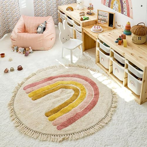 Tospass Kinderzimmer Teppich Regenbogen Weicher Rund Quasten Waschbarer Kinder Teppich Schlafzimmer Junge Mädchen Kurzflor rutschfest Teppich, 60 cm Rund