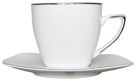 Omniacasa Livy Kaffeeset aus hochwertigem Porzellan, 14-teilig für 6 Personen, weiß mit Platinrand, geprägtes Design. Für Anlässe und besondere Geschenke.