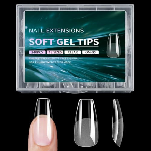 240Pcs Square Gel Nails Tips Full Clear Nails Gel Extensions 12 Sizes for Home Manicure Supplies