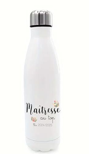 Gourde Maîtresse au top personnalisée – Bouteille isotherme inox 700 ml avec prénom – Cadeau fin d’année scolaire – Fleurs pastel