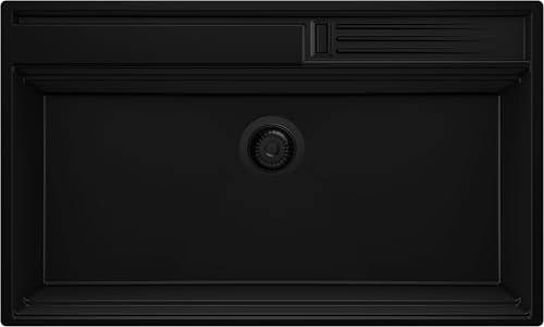 PRIMAGRAN Evier Cuisine en Granit Tout Noir 88x53cm, Lavabo 1 bac + Kit de Vidage, Évier à Encastrer al mueble 90cm - Oslo Pocket S277