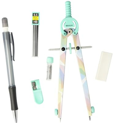 Westcott Zirkel Set Graphic Pastel | 6-teilig mit Schnellverstellzirkel, Nachfüllminen, Anspitzer, HB Druckbleistift inkl. 12 Minen, Radierer | Zirkel mit Feststellrad | E-711421 00