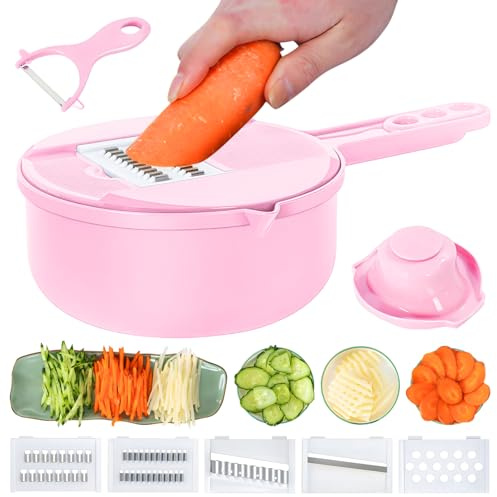 Mandoline Food Slicer, Multifunctional Vegetable Slicer Cutter with Hand Protector, Vegetable Shredder for Potato, Tomato, Carrot (Pink-7 in 1)
