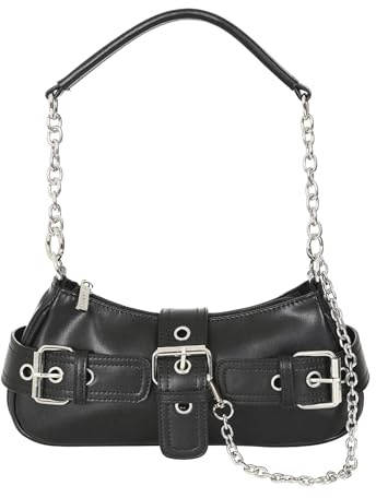 Banned Alternative Gothic Damen-Handtasche | Y2K Schultertasche mit Schnallen und Ketten | Schwarze Tasche aus Kunstleder im Punk-Stil | inklusive Umhängegurt | Modell Night Vibe