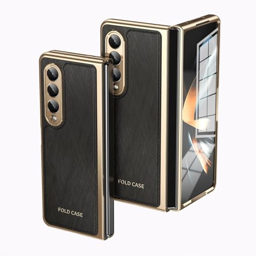 HUAUQAN Funda plegable para Samsung Galaxy Z Fold 4 con protector de pantalla, piel sintética de lujo, ajuste delgado, borde dorado, protección contra caídas, arañazos y golpes (negro)