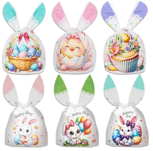 MINUBIN 60 Pezzi Sacchetti Pasquali, Sacchettini Compleanno Bambini a Forma di Orecchie di Coniglio Carino, Sacchetti Caramelle Biscotti per Pasqua, Natale, Festa di Compleanno (A)