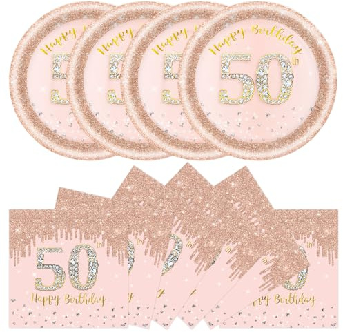 DHAIQC 50 Pcs 50th Birthday Paper Plates and Napkins Party Supplies, 7 Inch Rose Gold 50th Party Plates and Napkins Tableware Set for Women Girl Anniversary 50 th Birthday Decorations (50th)