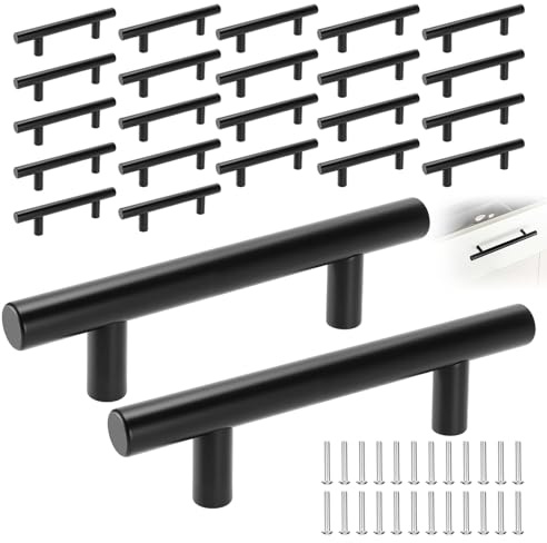 NEUSID 24 Pack Black Kitchen Cupboard Handles 160mm Hole Center, Stainless Steel Cabinet Door Handles T Bar Pull Handle for Drawer Wardrobe Bathroom Cabinets, All Length: 250mm