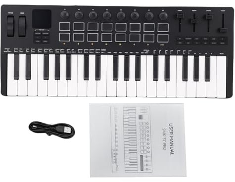 USB-MIDI Keyboard Controller, MIDI-Keyboard mit 37 Tasten und 16 RGB Drum Pads, tragbar mit Synthesizer für Musikproduktion