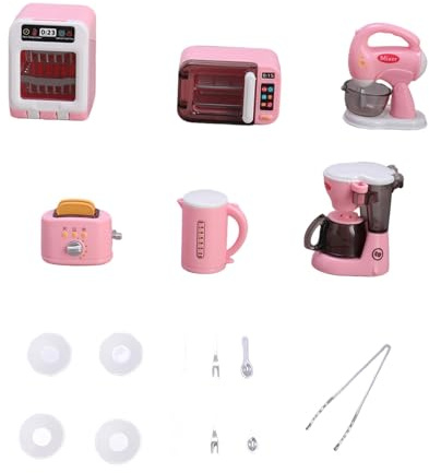 Miniature Kitchen Appliances Playset for Girls Boys - 6-Piece Toy Oven, Microwave, Blender, Coffee Maker, Kettle, Toaster- Pink