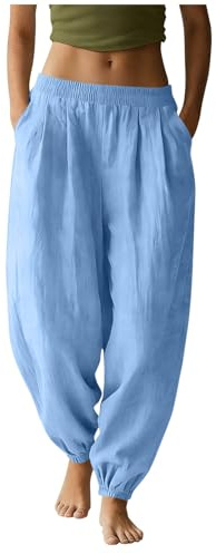 Gubsssl Leinenhose Damen Haremshose Sommerhose Baggy Hosen Leicht Fashion Bottoms Baumwolle Leinen Hose Cargohose Luftig Damenhosen Weite Freizeithose Wanderhose Musselin Schlupfhose Pumphose Blau M